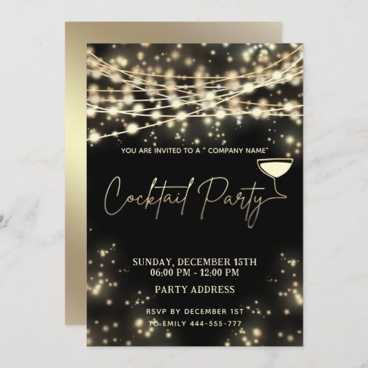 Goud zwart string lichten corporate Cocktail party Kaart (Voorkant / Achterkant)