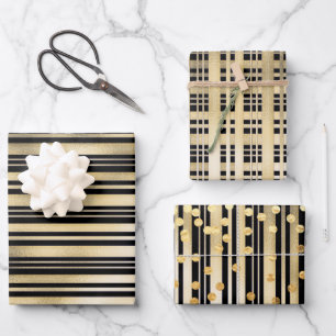 Goud zwart strook polka stit confetti patroonchic inpakpapier vel