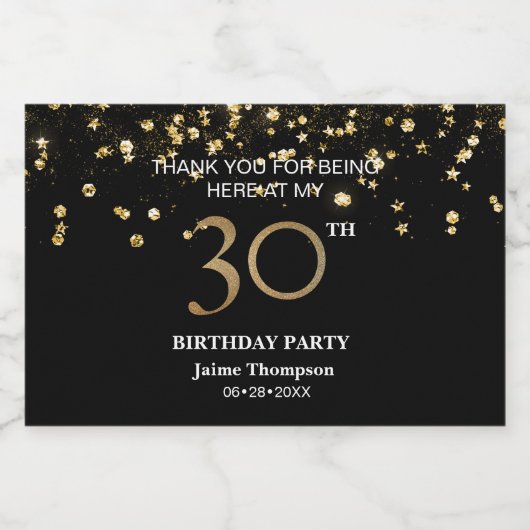 Goud Zwart Thema confetti Bedankt 30ste verjaardag Sparkling Wijnetiket (Enkel label)