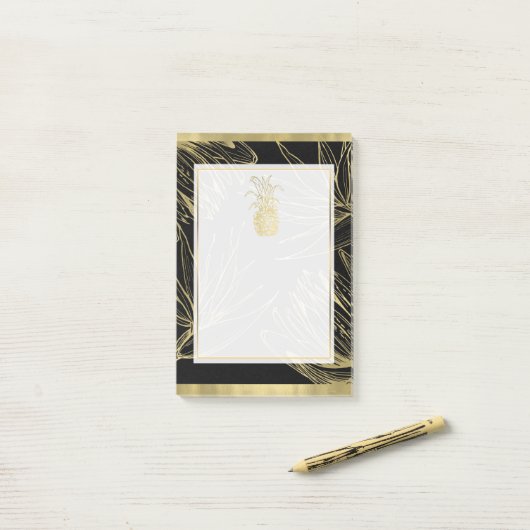 Goud & Zwart Tropische Ananas Botanische Bloemen Post-it® Notes (Op bureau)