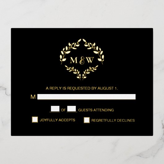 Goud Zwart Trouwmonogram crest Maaltijdselectie Folie Feestdagen Briefkaart (Voorkant)