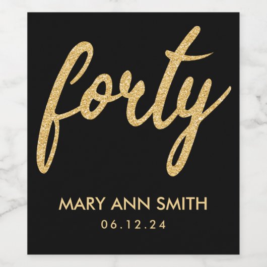 Goud Zwart "Veertig" 40 Verjaardagsfeestje Glitter Wijn Etiket (Enkel label)