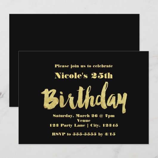 Goud & Zwart VERJAARDAG Typografie Feest Uitnodigi Kaart (Voorkant / Achterkant)
