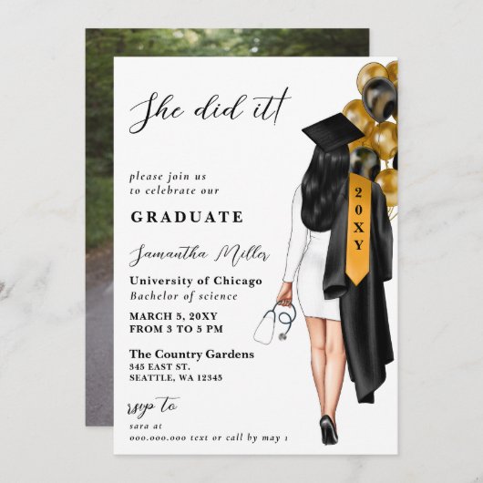 Goud Zwart Verpleegster Foto Ze Deed Het Afstudere Kaart (Voorkant / Achterkant)