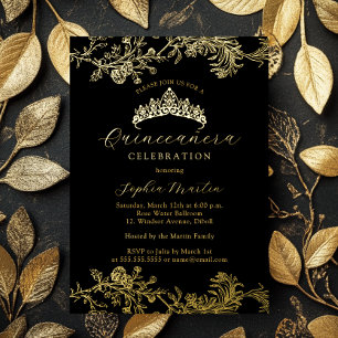 Goud Zwart Vintage Elegante Quinceanera Folie Uitnodiging