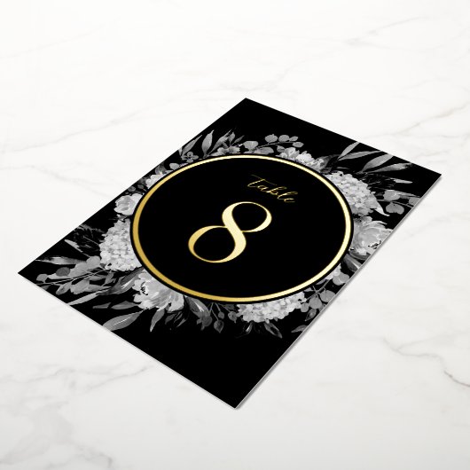 Goud Zwart Waterverf Bloemen Trouwtafel Nummer Folie Uitnodiging (Gedraaid)