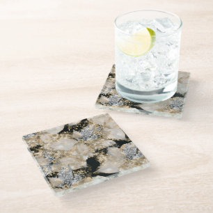 Goud Zwart Wit Bloem Abstract Glazen Onderzetter