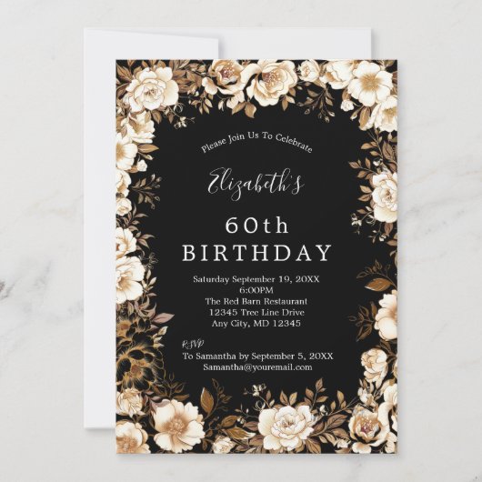 Goud Zwart Wit Bloemen 60e 70e 80e Verjaardag Kaart (Voorkant)