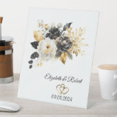 Goud Zwart Wit Bloemen Bruiloft Reclamebord Met Voetstuk (Insitu)