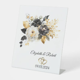 Goud Zwart Wit Bloemen Bruiloft Reclamebord Met Voetstuk