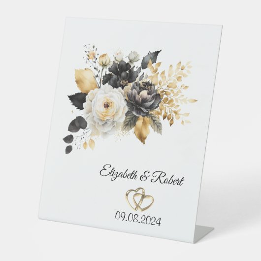 Goud Zwart Wit Bloemen Bruiloft Reclamebord Met Voetstuk (Voorkant)