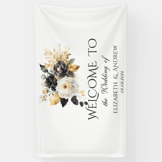 Goud Zwart Wit Bloemen Bruiloft Spandoek (Verticaal)