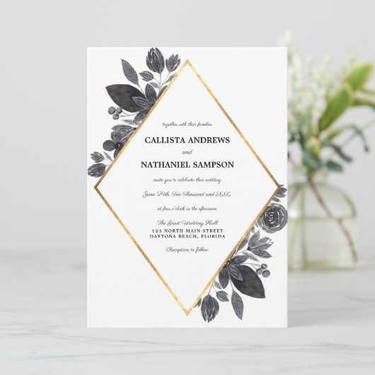 Goud Zwart Wit Bloemen Diamond Lijst Wedding Kaart (Staand voorkant)