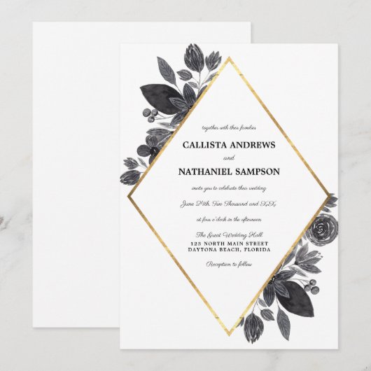 Goud Zwart Wit Bloemen Diamond Lijst Wedding Kaart (Voorkant / Achterkant)