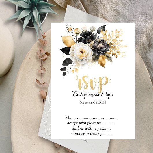 Goud Zwart Wit Bloemen RSVP Kaart