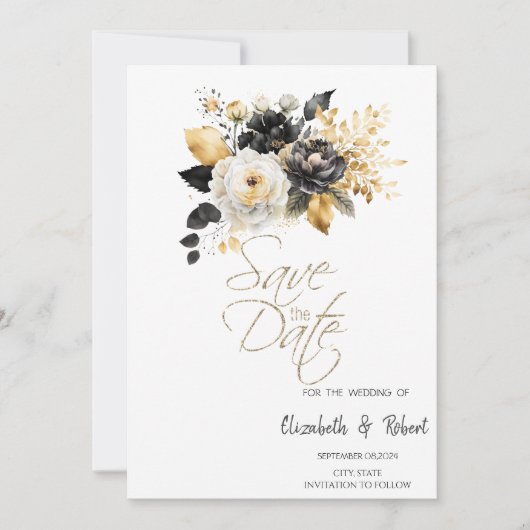 Goud Zwart Wit Bloemen Save The Date (Voorkant)