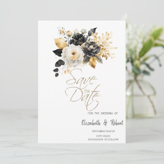 Goud Zwart Wit Bloemen Save The Date (Staand voorkant)