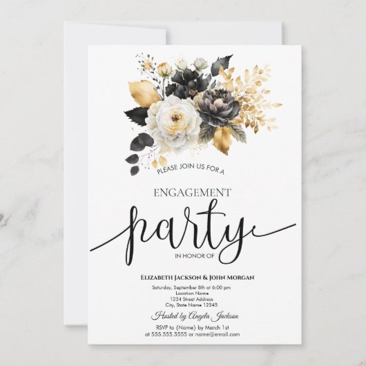 Goud Zwart Wit Bloemen Verloving Kaart (Voorkant)