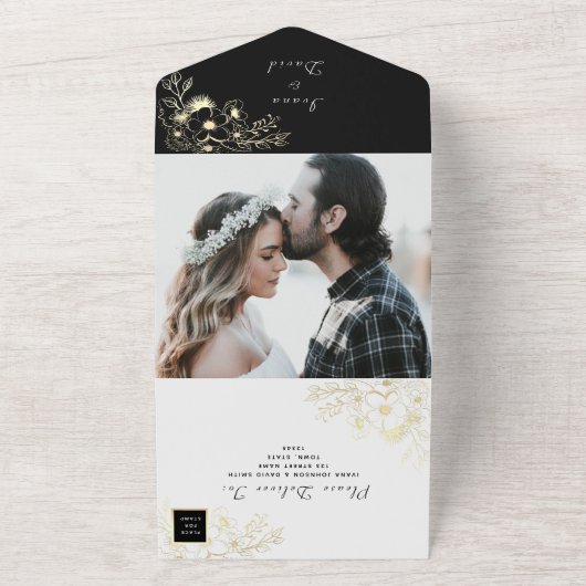 Goud Zwart-Wit Bruiloft All In One Uitnodiging (Buitenkant)