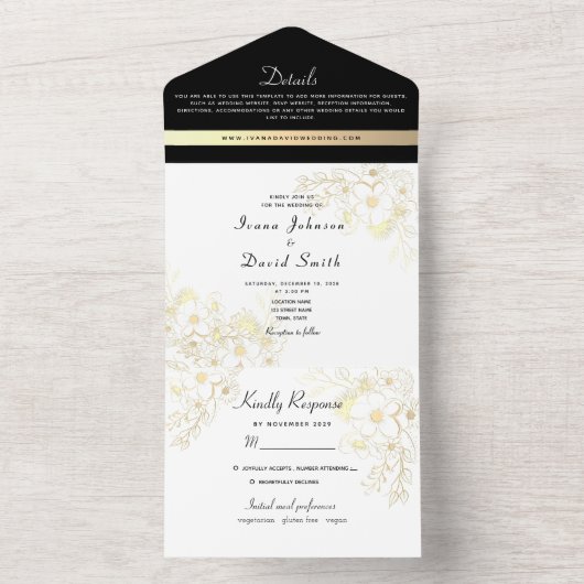Goud Zwart-Wit Bruiloft All In One Uitnodiging (Binnen)