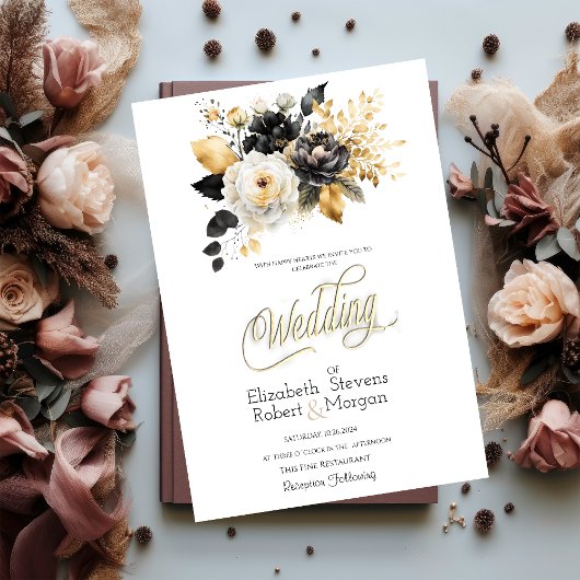 Goud Zwart Wit Bruiloft Uitnodiging