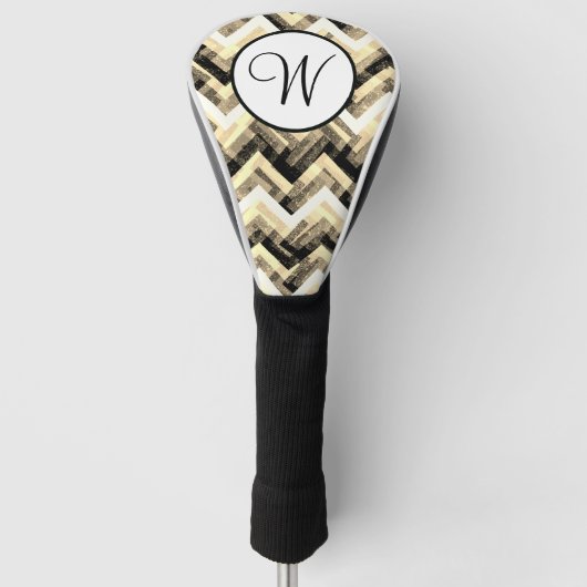 Goud Zwart Wit Chevron Textuur Monogram Golfheadcover (Voorkant)