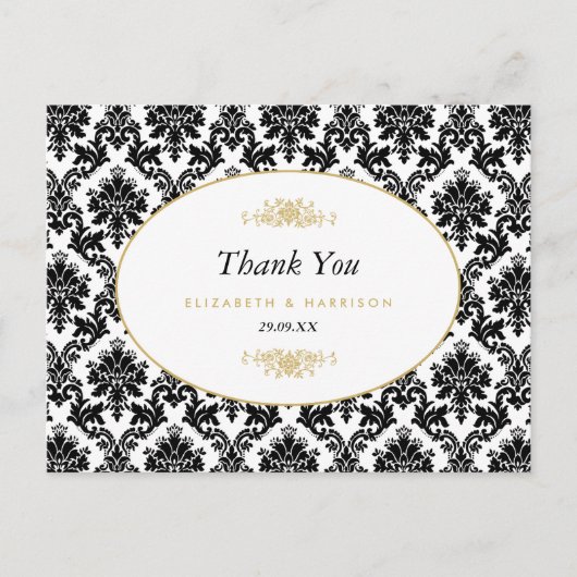  Goud Zwart & Wit Damast Bruiloft Bedankt Briefkaart (Voorkant)