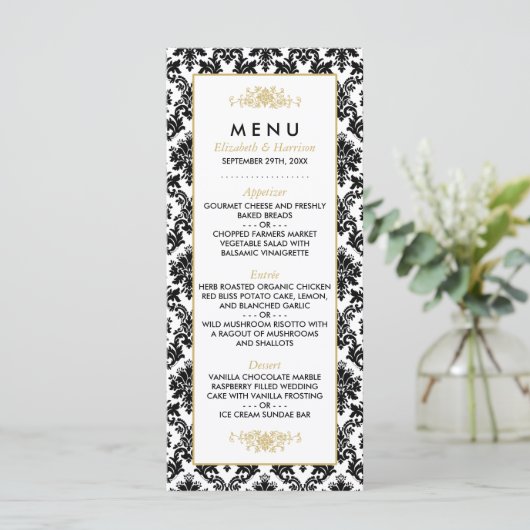  Goud, Zwart & Wit Damast Bruiloft Menu (Staand voorkant)