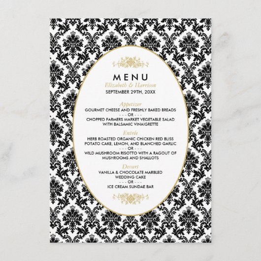 Goud, Zwart & Wit Damast Bruiloft Menu (Voorkant)