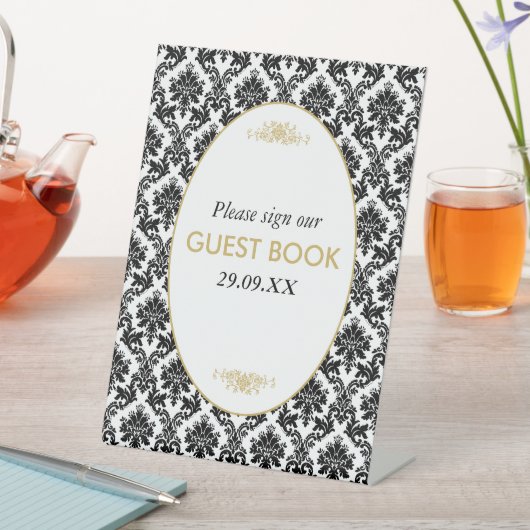  Goud Zwart & Wit Damast Bruiloft Reclamebord Met Voetstuk (Insitu)