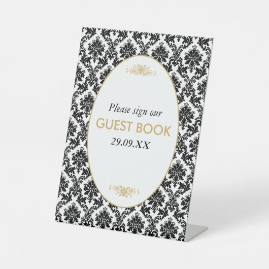  Goud Zwart & Wit Damast Bruiloft Reclamebord Met Voetstuk (Voorkant)