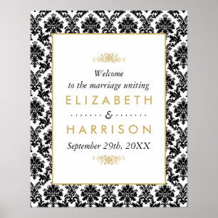  goud, zwart & wit damast bruiloft welkom poster