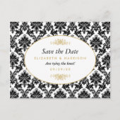 goud, zwart & wit damast sparen de datum aankondigingskaart (Voorkant)