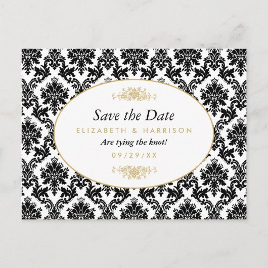 goud, zwart & wit damast sparen de datum aankondigingskaart (Voorkant)