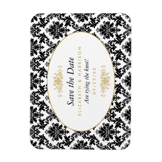  goud, zwart & wit damast sparen de datum magneet (Verticaal)