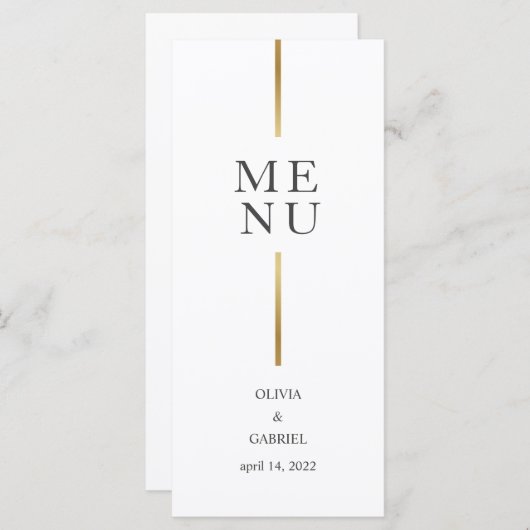 Goud zwart-wit. Eenvoudig modern huwelijksdiner Menu (Voorkant / Achterkant)
