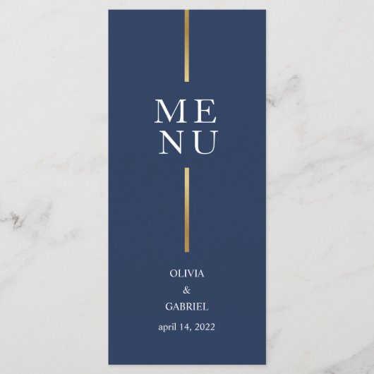 Goud zwart-wit. Eenvoudige, moderne blauwe bruilof Menu (Voorkant)