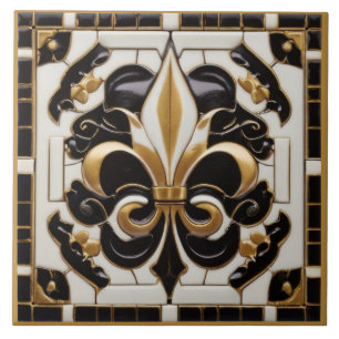 Goud Zwart-Wit Fleur de Lis Faux Relief Tegeltje