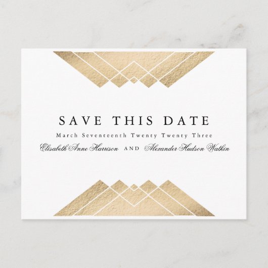 Goud Zwart & Wit Geometrische Gatsby Save The Date Aankondigingskaart (Voorkant)