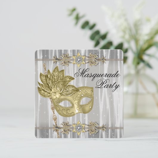 Goud Zwart Wit Masquerade Party Kaart (Staand voorkant)