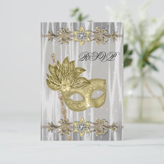Goud Zwart Wit Masquerade Party RSVP Kaartje (Staand voorkant)