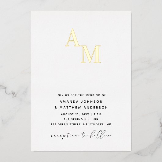 Goud Zwart-wit minimalistische bruiloft + details Folie Uitnodiging (Voorkant)