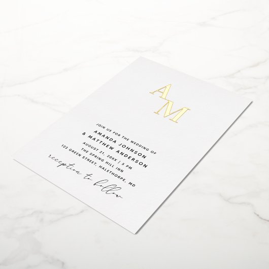 Goud Zwart-wit minimalistische bruiloft + details Folie Uitnodiging (Gedraaid)