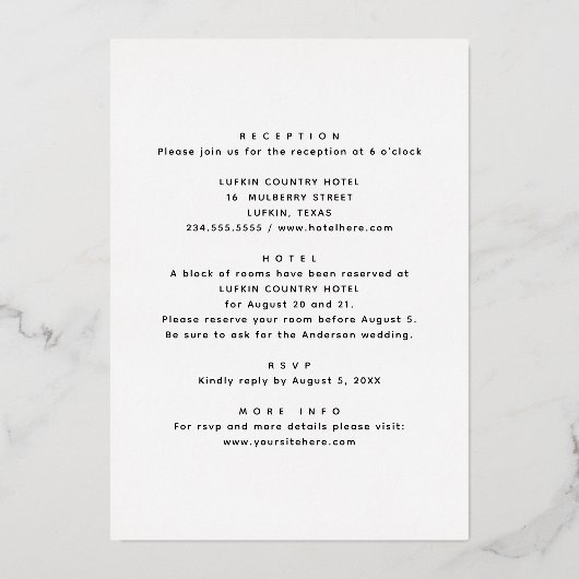 Goud Zwart-wit minimalistische bruiloft + details Folie Uitnodiging (Achterkant)