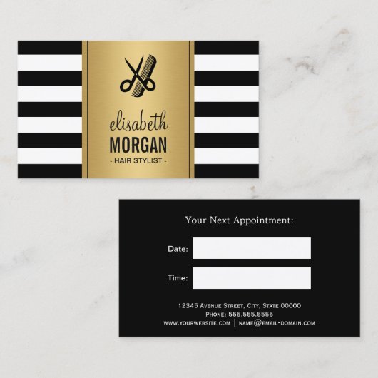 Goud Zwart Wit Strepen Hair Stylist Afspraak Afsprakenkaartje (Voorkant / Achterkant)
