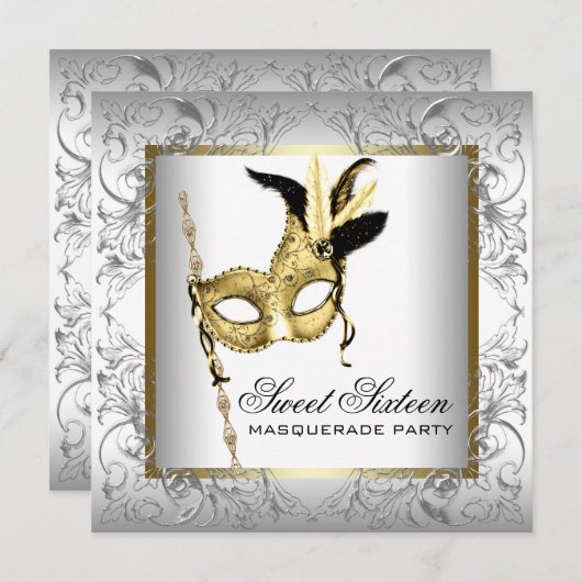 Goud Zwart Wit Sweet Sixteen Masquerade Party Kaart (Voorkant / Achterkant)