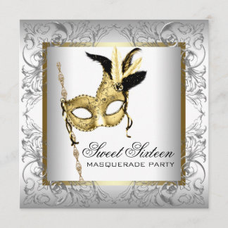 Goud Zwart Wit Sweet Sixteen Masquerade Party Kaart