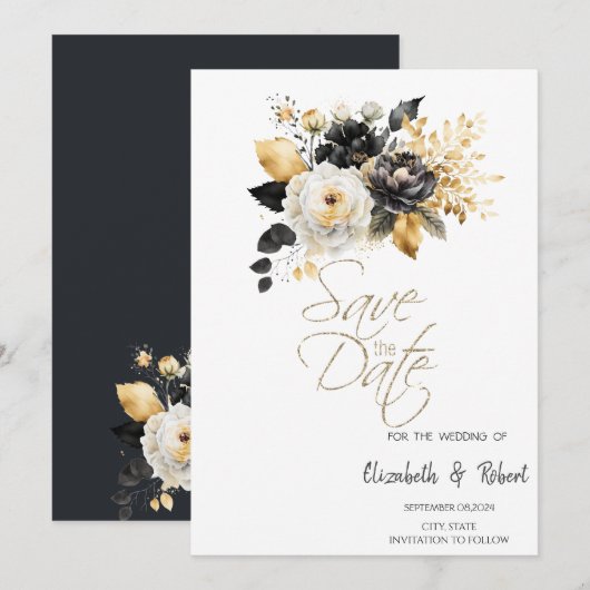 Goud Zwart Witte Bloemen Bewaar De Datum Save The Date (Voorkant / Achterkant)
