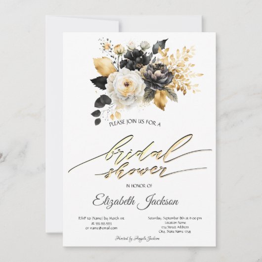 Goud Zwart Witte Bloemen Bruidsdouche Kaart (Voorkant)