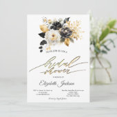 Goud Zwart Witte Bloemen Bruidsdouche Kaart (Staand voorkant)